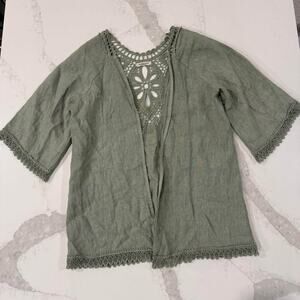 Valentina Naldi Italy OpenFront Linen Crochet Kimono Jacket Womens OS Sage Green